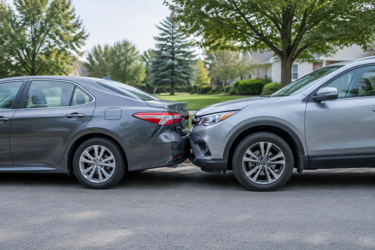 Two cars with bumper damage after a rear-end collision