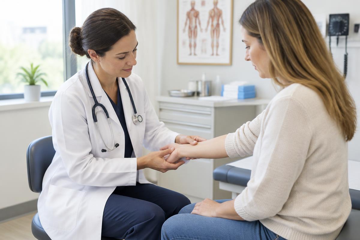 Physician examining a patient's injured wrist