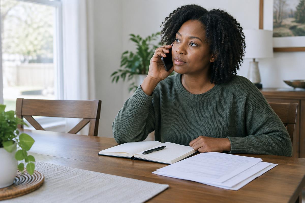 Woman taking a phone call with a notebook and paperwork nearby