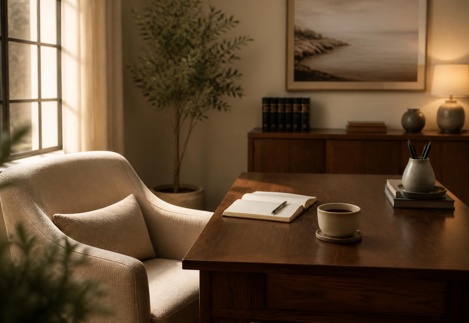 A quiet, warmly lit consultation room at A Fortson Law Firm